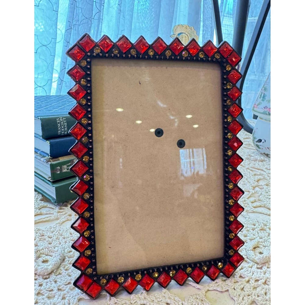 Vintage Metal Red Jewel Picture Frame, Golden Rhinestones, Copper Trim, 4x6